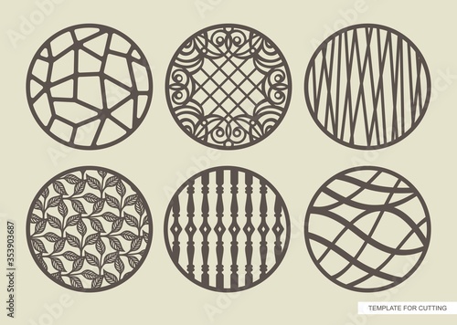 Set of round panels with various patterns. Template for plotter laser cutting (cnc), wood carving, metal engraving, paper cut. Vector illustration. 