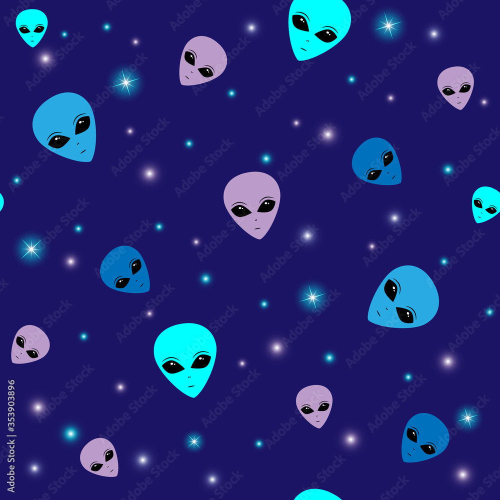 Fototapeta premium Seamless pattern with aliens. UFO humanoids endless backdrop on a dark blue background.