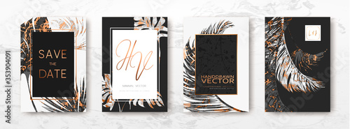 Palm leaves, gold, marble template, artistic covers design, colorful texture, modern backgrounds.Trendy pattern, graphic brochure. Luxury Vector illustration