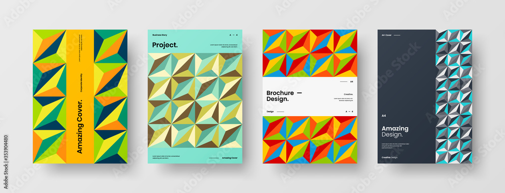 Obraz premium Company identity brochure template collection. Business presentation vector A4 vertical orientation front page mock up set. Corporate report cover abstract geometric illustration design layout bundle.