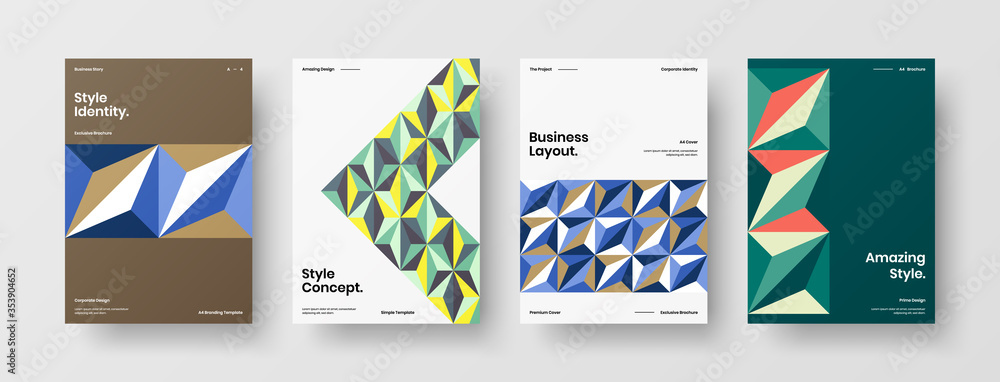 Company identity brochure template collection. Business presentation vector A4 vertical orientation front page mock up set. Corporate report cover abstract geometric illustration design layout bundle.