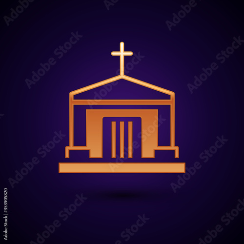 Gold Old crypt icon isolated on black background. Cemetery symbol. Ossuary or crypt for burial of deceased. Vector.