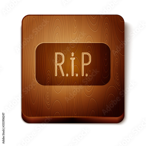 Brown Speech bubble rip death icon isolated on white background. Wooden square button. Vector.