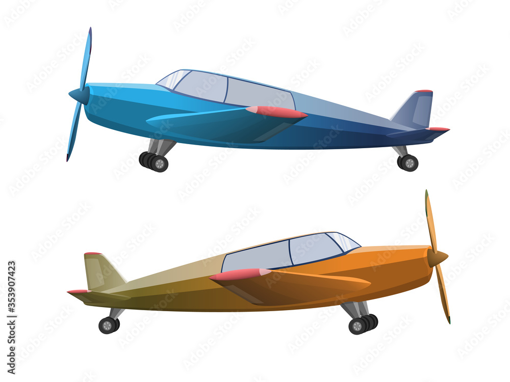 Set of airplane in cartoon style isolated on white background. Agricultural propeller plane. Vector illustration Set of airplane in cartoon style isolated on white background. Agricultural propeller plane. Vector illustration