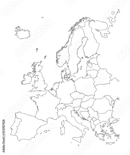 Map of Europe  black and white detailed outlines of countries.. Vector illustration
