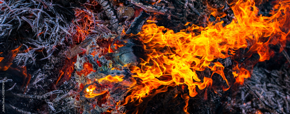 Flaming fire. Big bonfire in Shrovetide. Burning tree branches. People look at the fire. Pagan rite dedicated to the arrival of spring. Flaming fire. Big bonfire in Shrovetide. Burning tree branches. People look at the fire. Pagan rite dedicated to the arrival of spring.