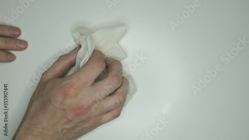take off White and clean gloves protection against covid19 dirty dust hands frontal view