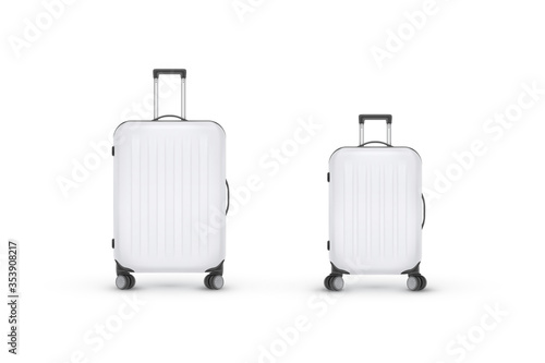 Realistic plastic suitcase. Red travel bag isolated on white background. Traveling banner template. Vector Illustration