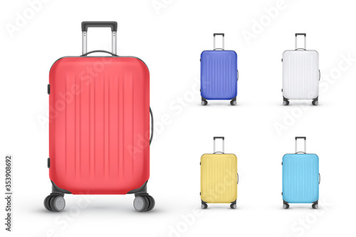 Set of realistic plastic suitcases. Travel bag isolated on white background. Vector Illustration