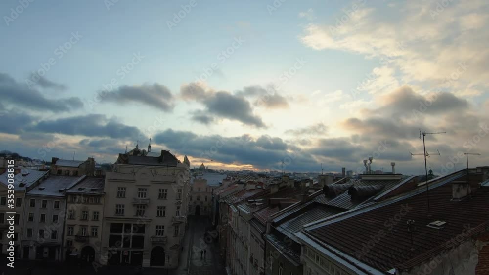 FPV drone flies around the Rynok Square, Lviv, Ukraine. Empty streets without people. Aerial view of the historical center of Lviv FPV drone flies around the Rynok Square, Lviv, Ukraine. Empty streets without people. Aerial view of the historical center of Lviv