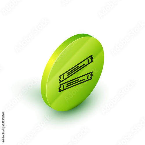 Isometric line Sugar stick packets icon isolated on white background. Blank individual package for bulk food products as coffee, salt, spices. Green circle button. Vector.