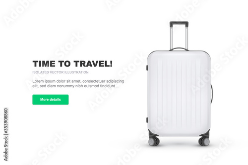 Realistic plastic suitcase. Red travel bag isolated on white background. Traveling banner template. Vector Illustration