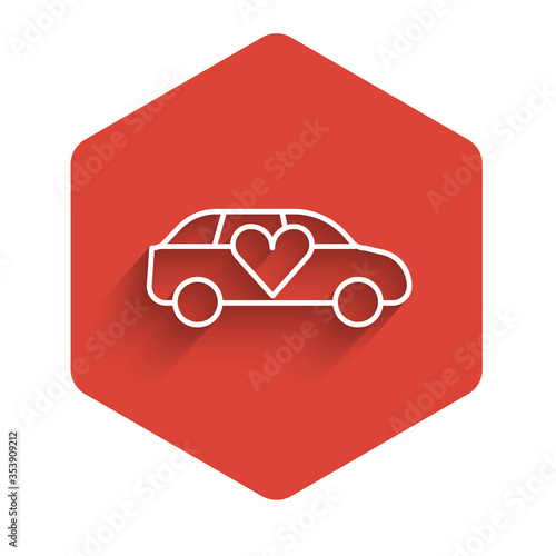 White line Luxury limousine car icon isolated with long shadow. For world premiere celebrities and guests poster. Red hexagon button. Vector.