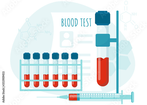 Blood test vector concept. Blood sample in tube. Medical diagnostics and research lab. Vector illustration