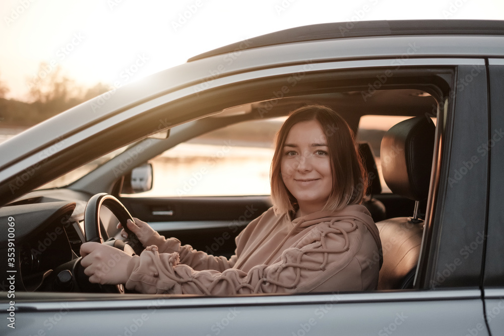 One Beautiful Girl Travel with a Car and Enjoy Ride, Weekend and Adventure Concept One Beautiful Girl Travel with a Car and Enjoy Ride, Weekend and Adventure Concept