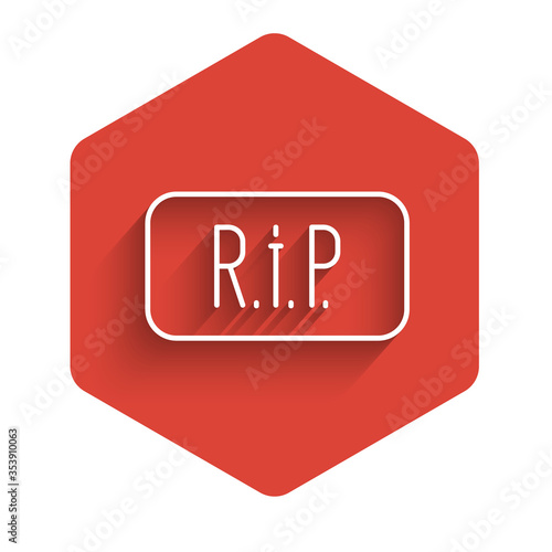 White line Speech bubble rip death icon isolated with long shadow. Red hexagon button. Vector.