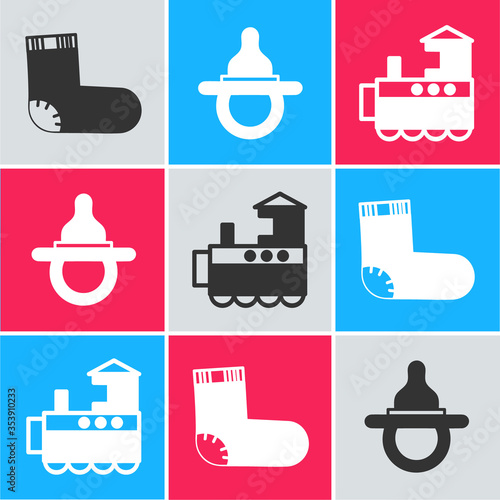 Set Baby socks clothes, Baby dummy pacifier and Toy train icon. Vector.