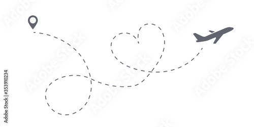 Love trip airplane route icon. Honeymoon Romantic travel symbol, heart dashed line trace. Simple hearted airplane path, flight air dotted love valentine day drawing isolated vector.