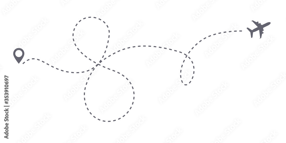Vector infinity or 8 eight airplane route travel path. Air plane flight route with start point and dash line trace. Women's day 8 march travel, difficult way vector path isolated in white background. Vector infinity or 8 eight airplane route travel path. Air plane flight route with start point and dash line trace. Women's day 8 march travel, difficult way vector path isolated in white background.