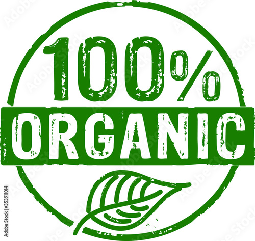 Organic 100 percent grunge stamp vector icons. Ecology, bio, gmo free, natural and healthy diet concept.