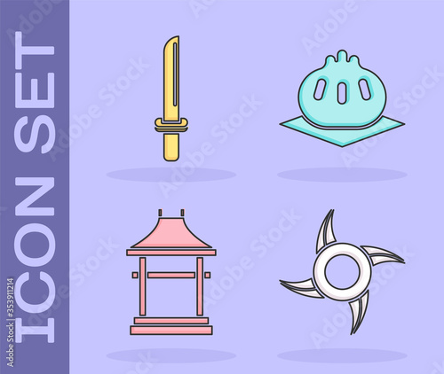 Set Japanese ninja shuriken, Japanese katana, Japan Gate and Khinkali on cutting board icon. Vector.