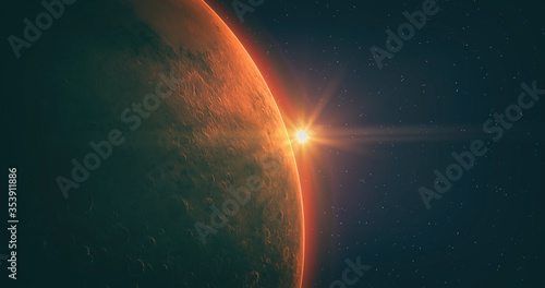 View of the planet Mars from space during a sunrise. 3d illustration
