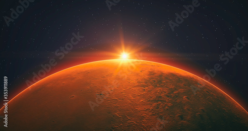 Foto View of the planet Mars from space during a sunrise