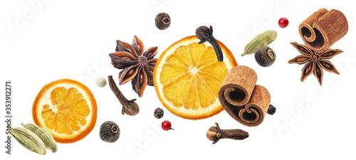 Fototapeta Naklejka Na Ścianę i Meble -  Aromatic spices collection, igredients for mulled wine isolated on white background