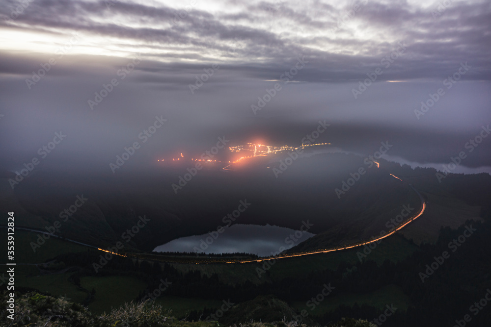 Fog over a lake in a volcanic island
