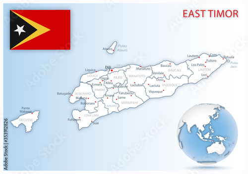 Detailed map of East Timor administrative divisions with country flag and location on the globe.