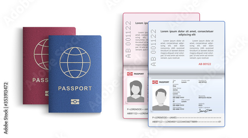 Realistic set of passport. Identity card isolated on white background. Vector illustration photo