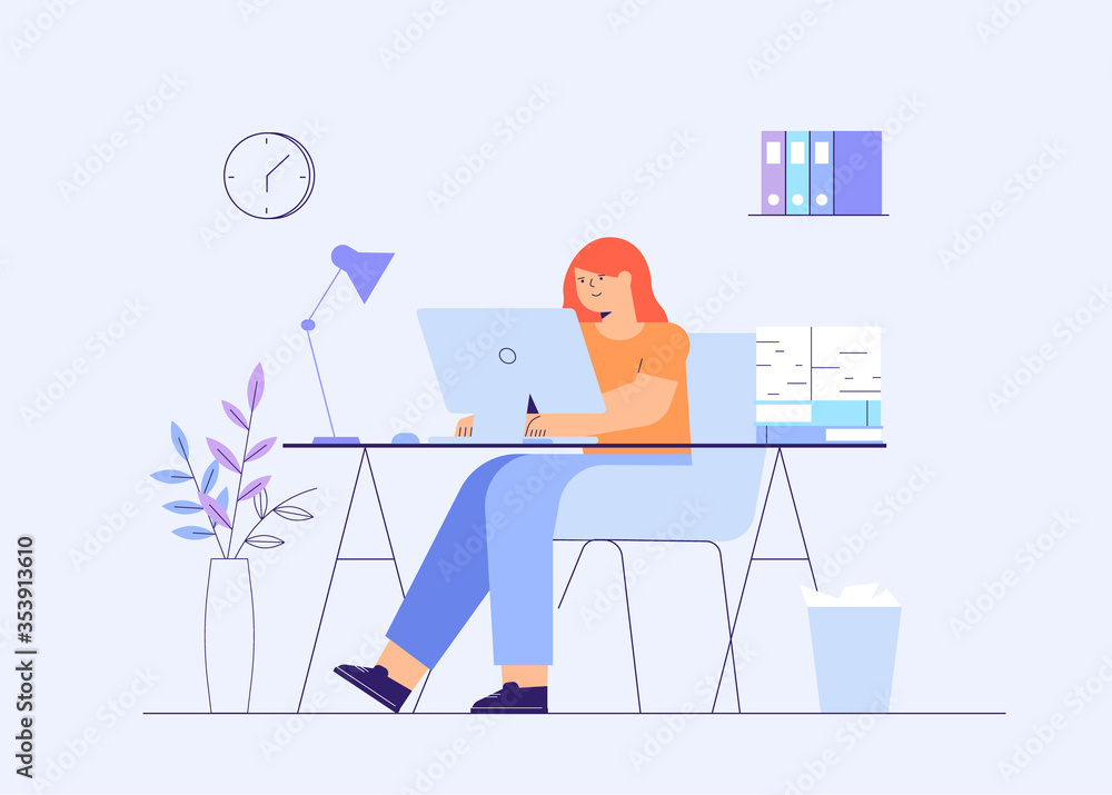 Fototapeta premium Woman using computer flat vector illustration. Working from home, remote job. Online shopping. Freelance, e-learning concept. Girl studying. Freelancer, student cartoon character.