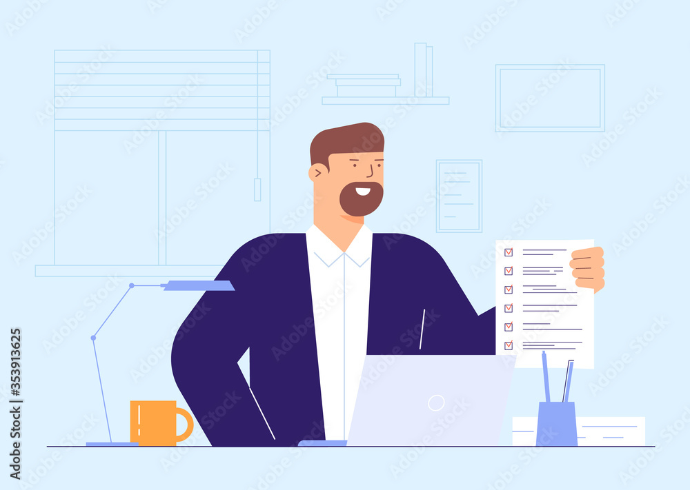 Business man filled form illustration concept. Business man entrepreneur in a suit working on a laptop computer at his clean and sleek office desk. Flat style color modern vector illustration. Business man filled form illustration concept. Business man entrepreneur in a suit working on a laptop computer at his clean and sleek office desk. Flat style color modern vector illustration.