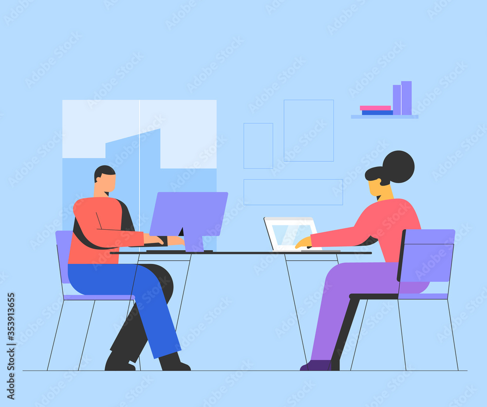 On the office concept illustration. Group of office workers sitting at desks and communicating or talking to each other. Flat cartoon colorful vector illustration.
