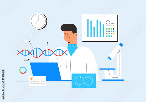 Illustration concept with male scientist. Male scientist working with microscope in laboratory doing research man making scientific experiments doctor in lab.