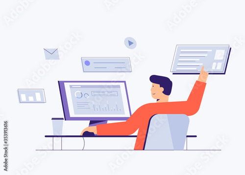 Programmers concept with flat design. Concept with programmer or coder sitting at desk and working on computer. Designer developing design and programming of program or application flat style concept.