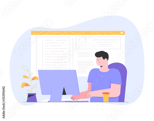 Concept with programmer or coder sitting at desk and working on computer. Software development illustration of web developer