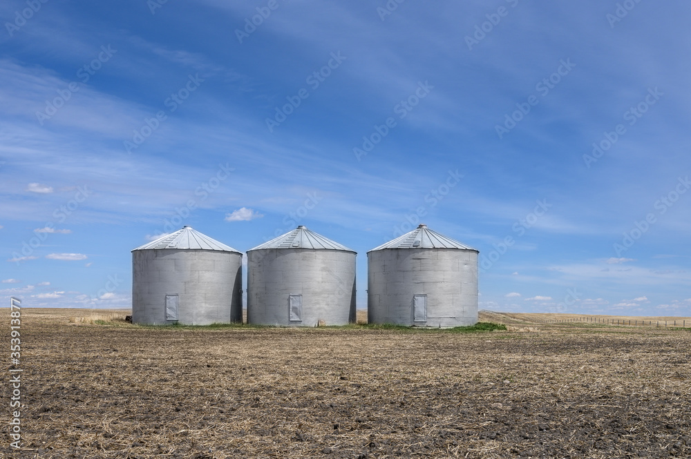 Round metal grain storage bins near the city of Airdrie, Alberta, Canada