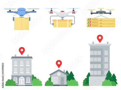 Quadcopters with cargo deliver the goods to the address vector illustration in a flat design