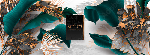Palm leaves, gold, marble template, artistic covers design, colorful texture, modern backgrounds.Trendy pattern, graphic brochure. Luxury Vector illustration