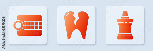 Set Broken tooth, Dentures model and Mouthwash plastic bottle. White square button. Vector.