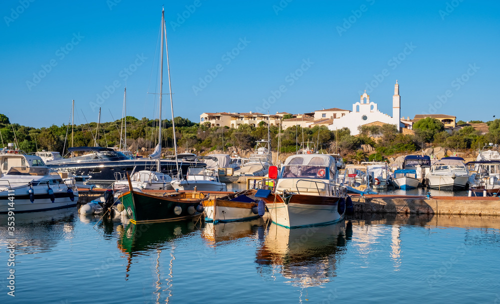 Marinella, Sardinia, Italy - Panoramic view of Golfo di Marinella port and marina quarter - Porto Marana - at the Costa Smeralda Emerald Coast of Tyrrhenian Sea