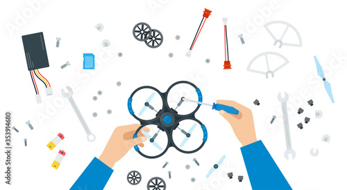 Quadcopter repair, human hands, top view vector illustration in a flat design