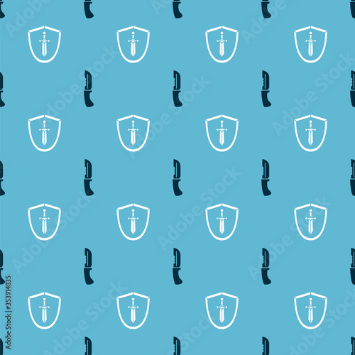 Set Military knife and Medieval shield with sword on seamless pattern. Vector.