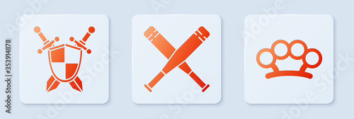 Set Crossed baseball bat, Medieval shield with crossed swords and Brass knuckles. White square button. Vector.