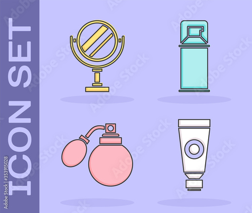 Set Cream or lotion cosmetic tube, Round makeup mirror, Aftershave bottle with atomizer and Shaving gel foam icon. Vector.
