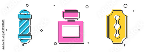 Set Classic Barber shop pole, Aftershave and Blade razor icon. Vector.