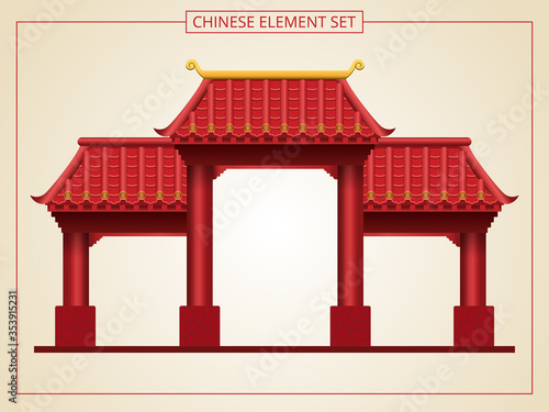 Chinese door and entrance with red roof in papercut style. Suitable for graphic, banner, card, flyer and many purpose