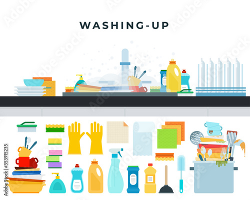 Dirty sink with kitchenware and set unwashed dishes vector illustration in flat style.
