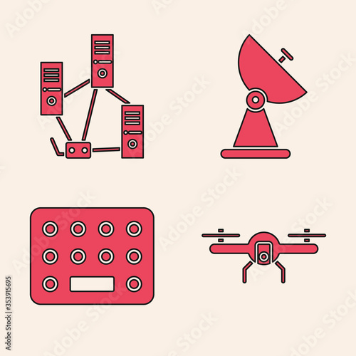 Set Drone flying, Computer network, Radar and Pills in blister pack icon. Vector.